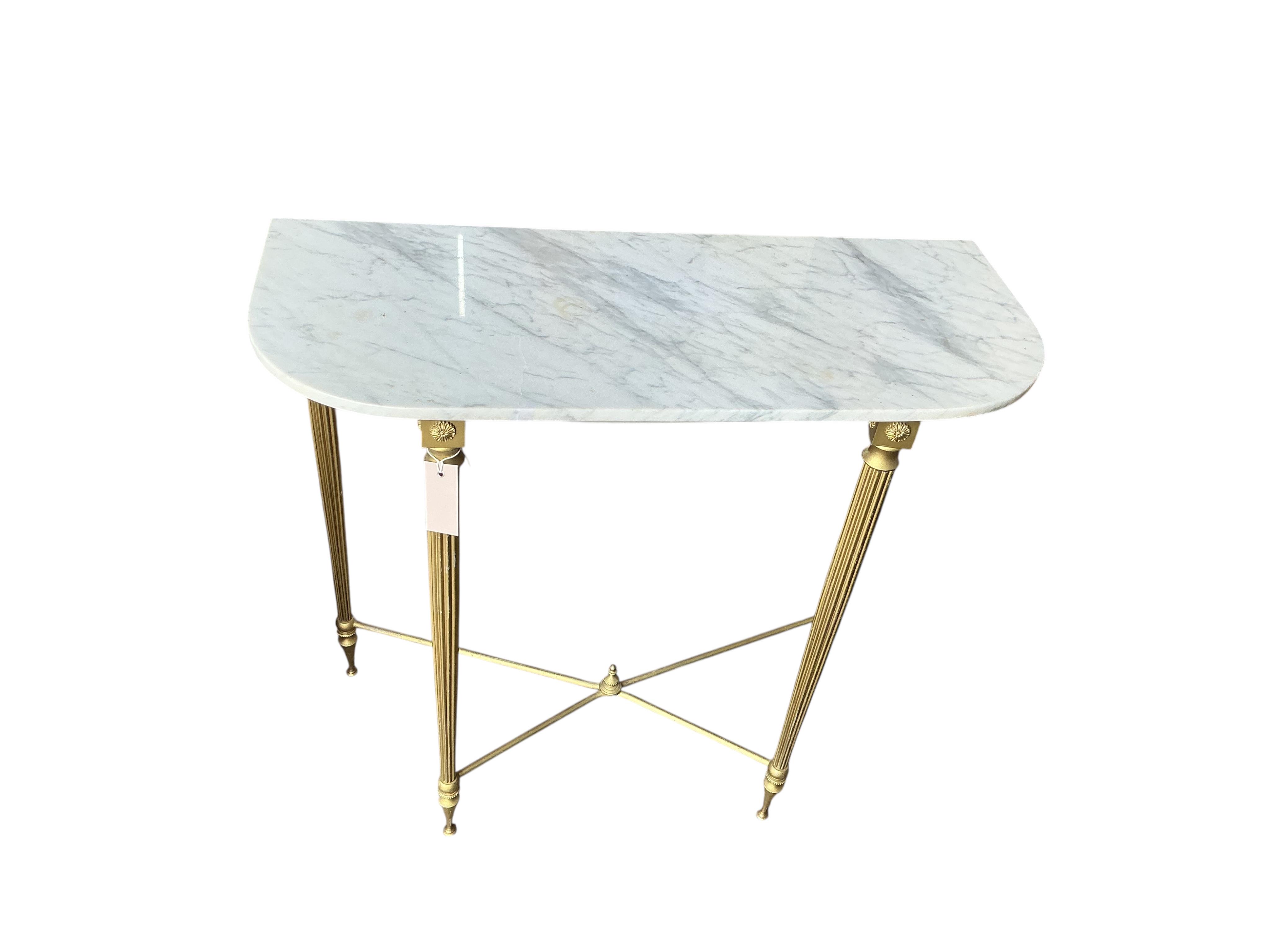 A marble topped brass console table, width 80cm, depth 33cm, height 76cm